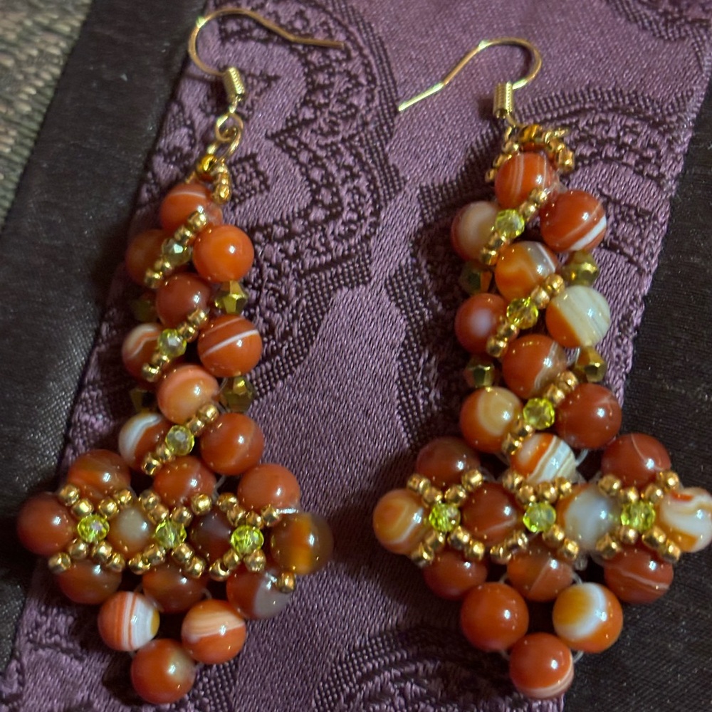 Hand crafted amber agate beaded earrings 3 inches